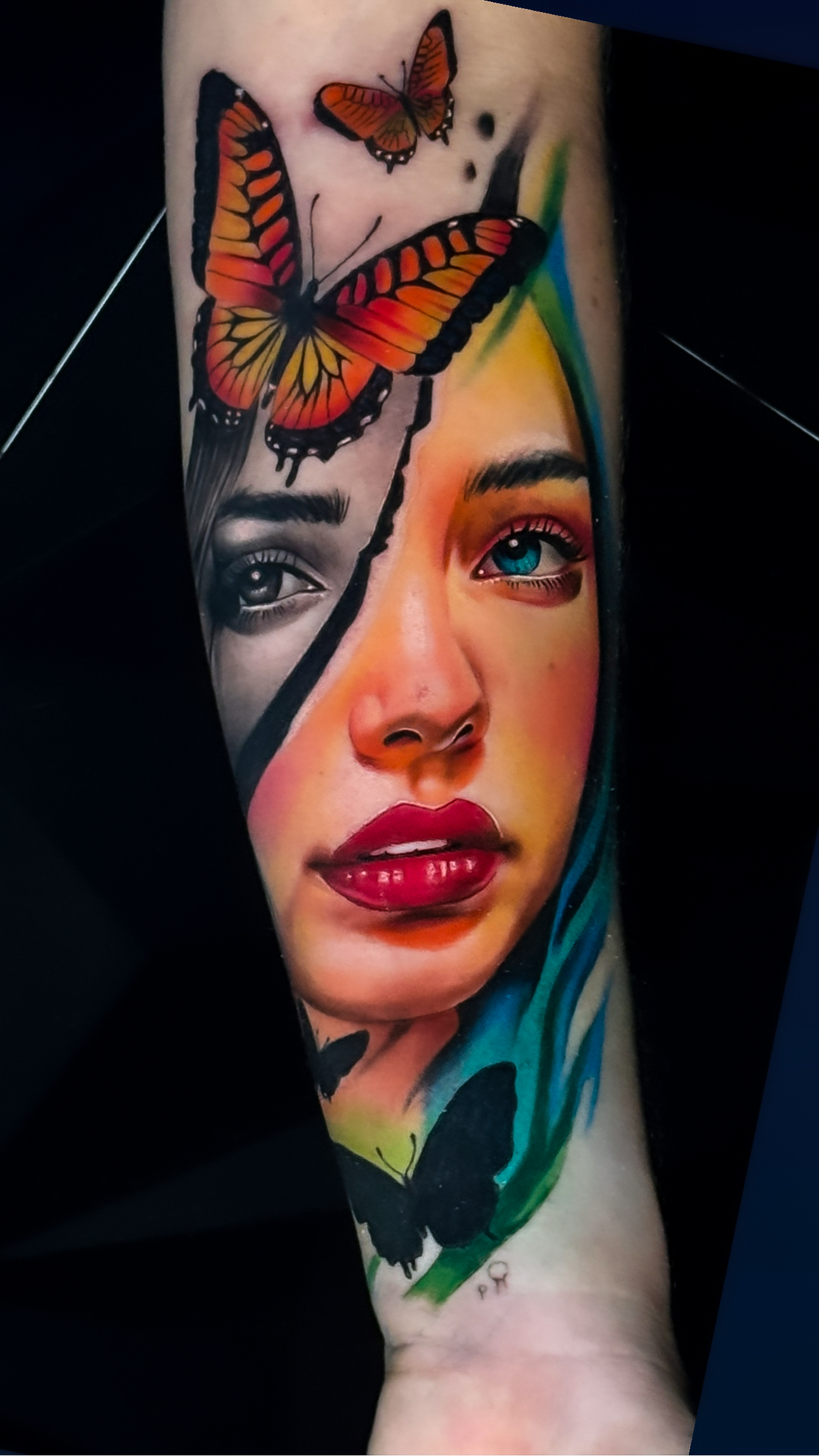 Color realism portrait and butterfly tattoo by Arnold Camargo