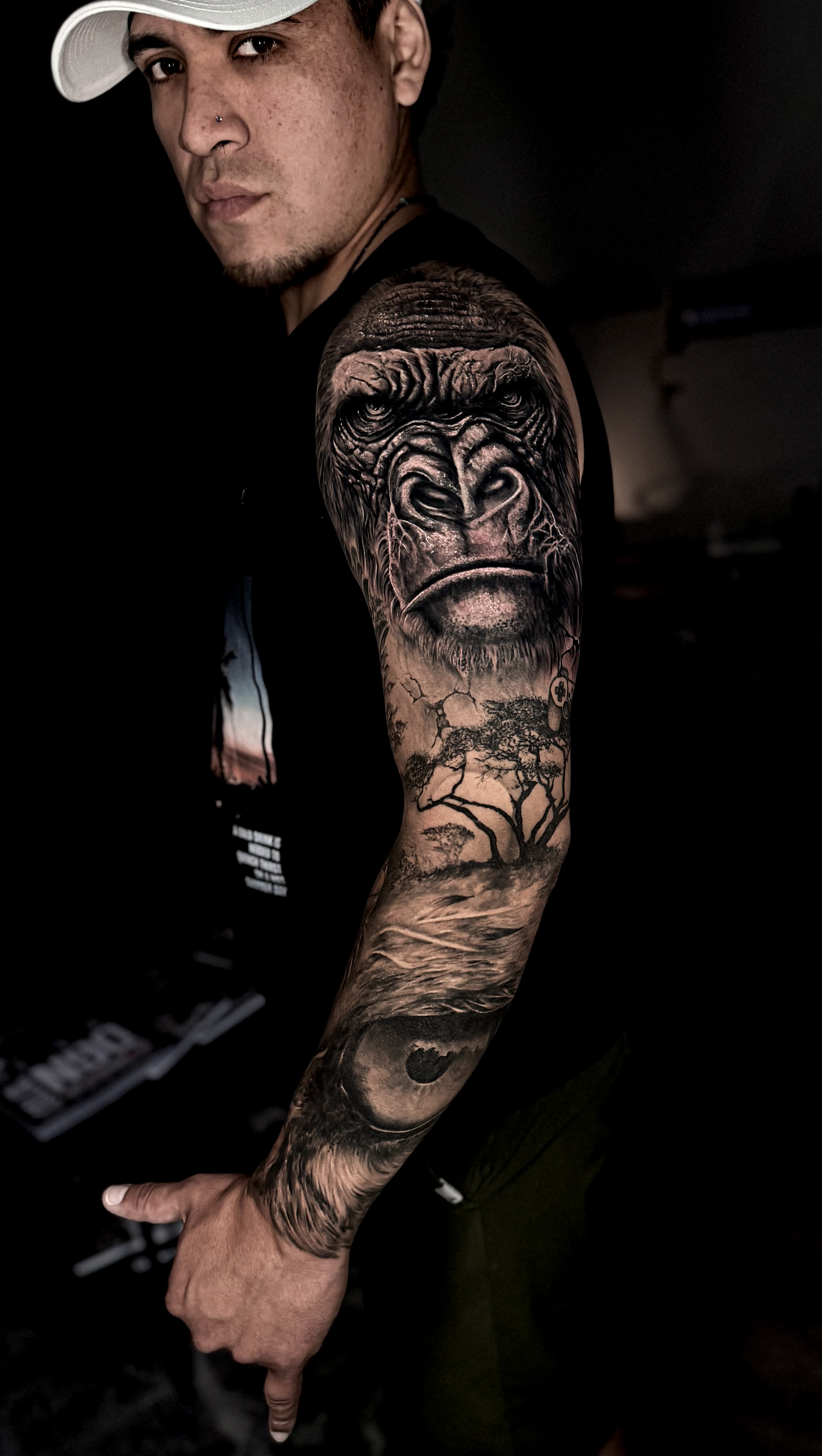 Black and Grey gorilla realism sleeve by Diego Juarez at Diroka Tattoo Studio