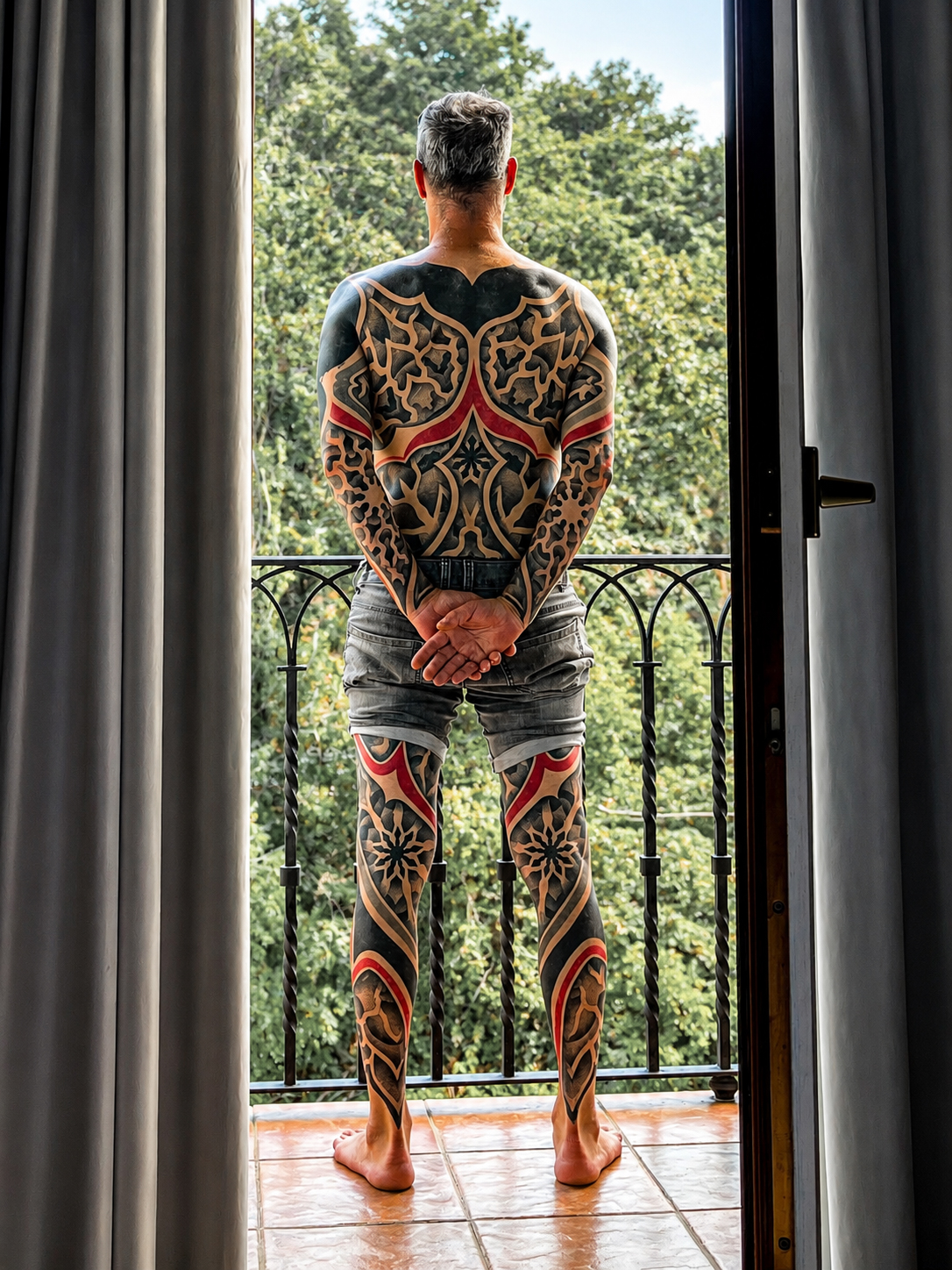 Award-winning full body geometric tattoo by Diego at Diroka Tattoo Studio