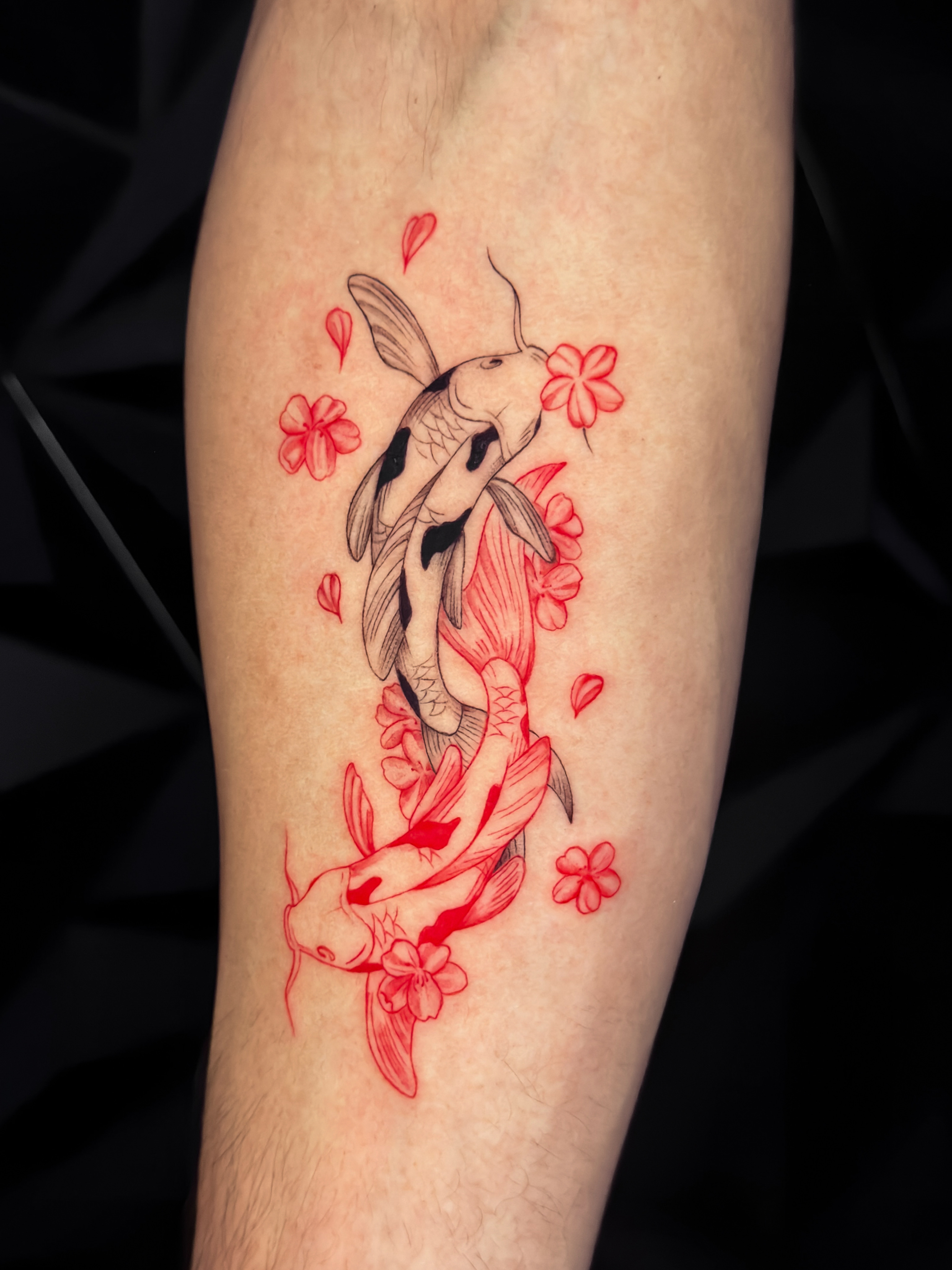Fine line koi fish color tattoo by Julian Carvajal